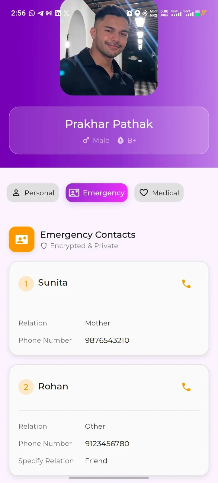 Emergency contacts of a matched profile with call buttons