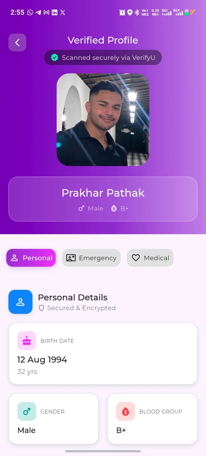 Verified profile after a scan: name, gender and blood group