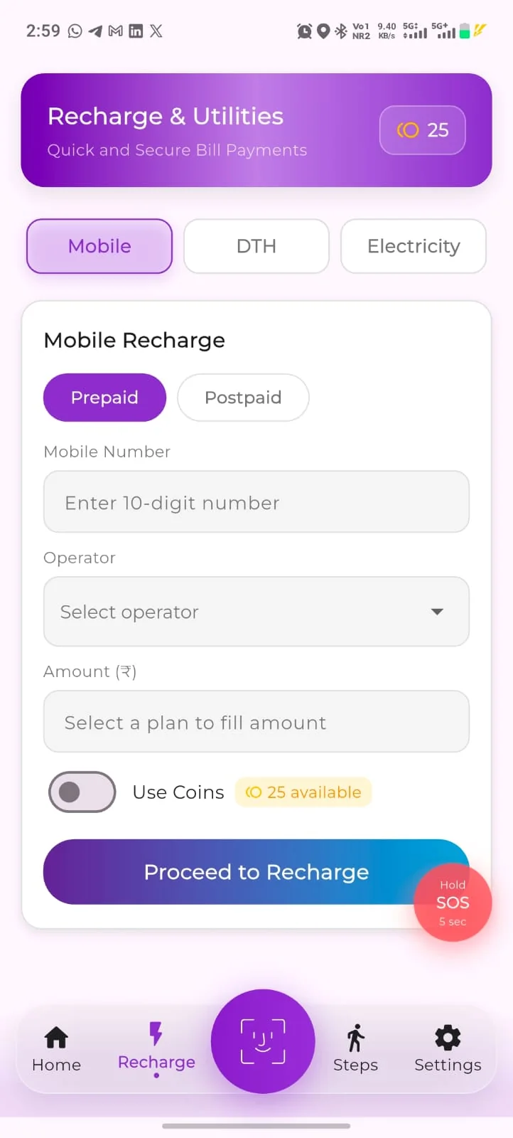 Recharge & Utilities: mobile, DTH and electricity with Use Coins