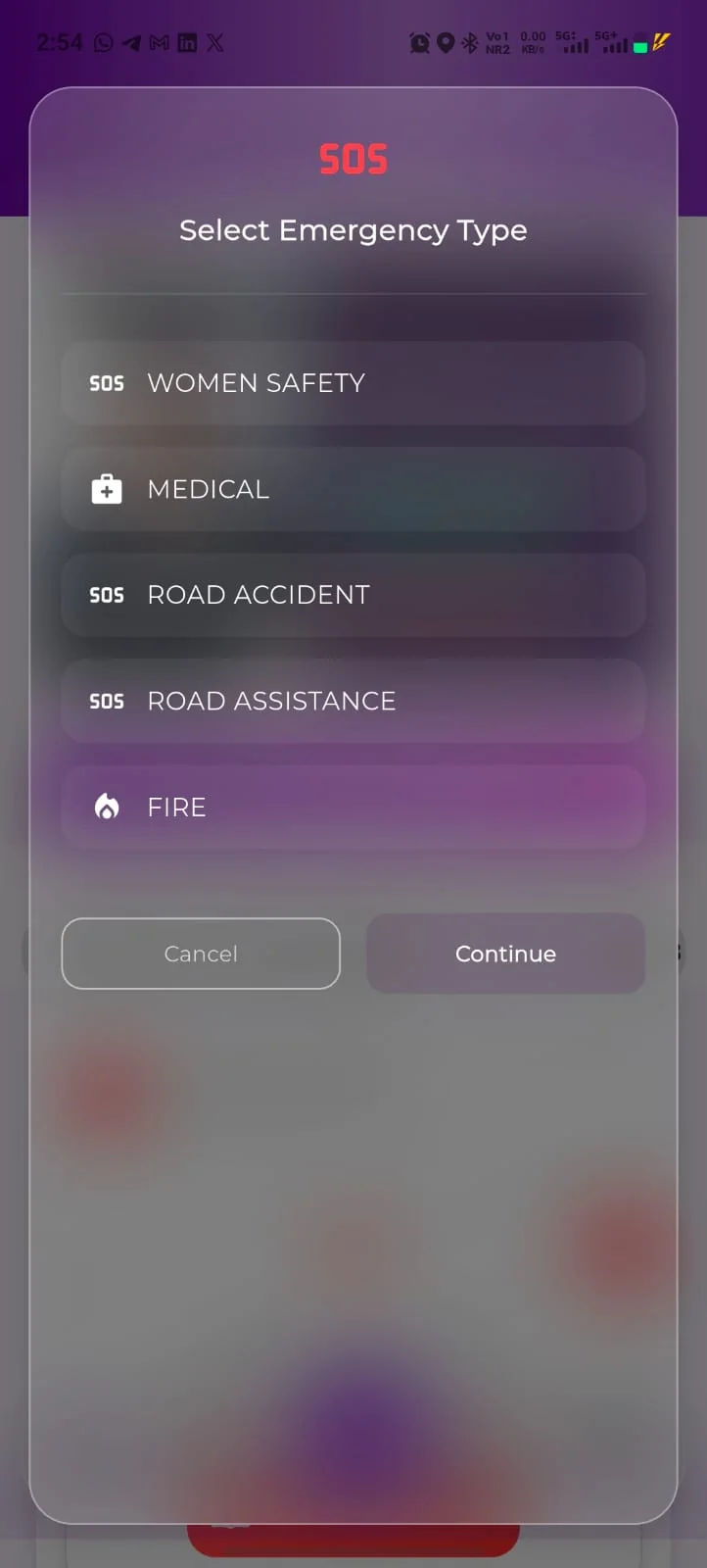 SOS emergency type selection: Women safety, Medical, Road accident, Road assistance, Fire